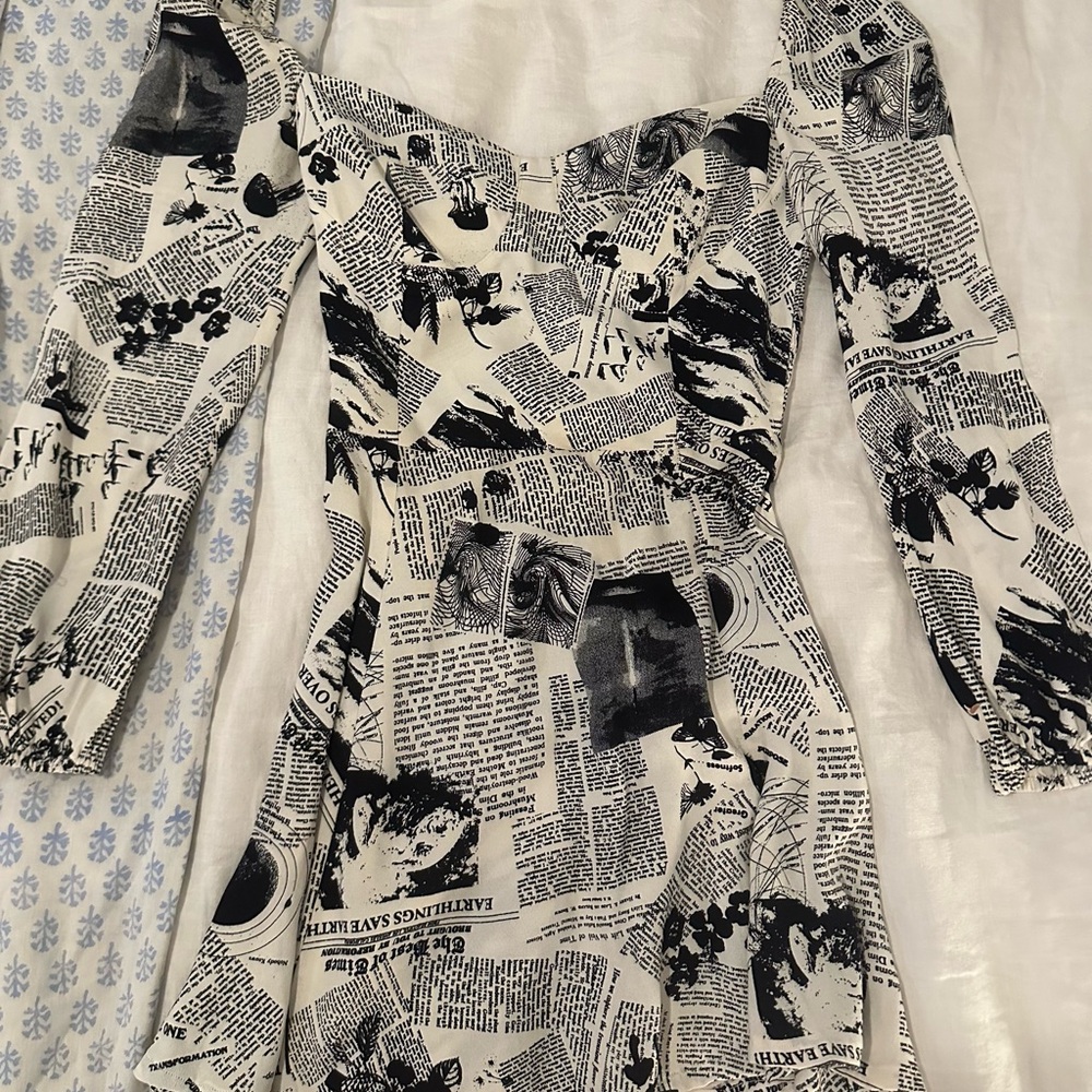 Carrie Bradshaw Inspired Reformation Newsprint Long Sleeve Mini Dress